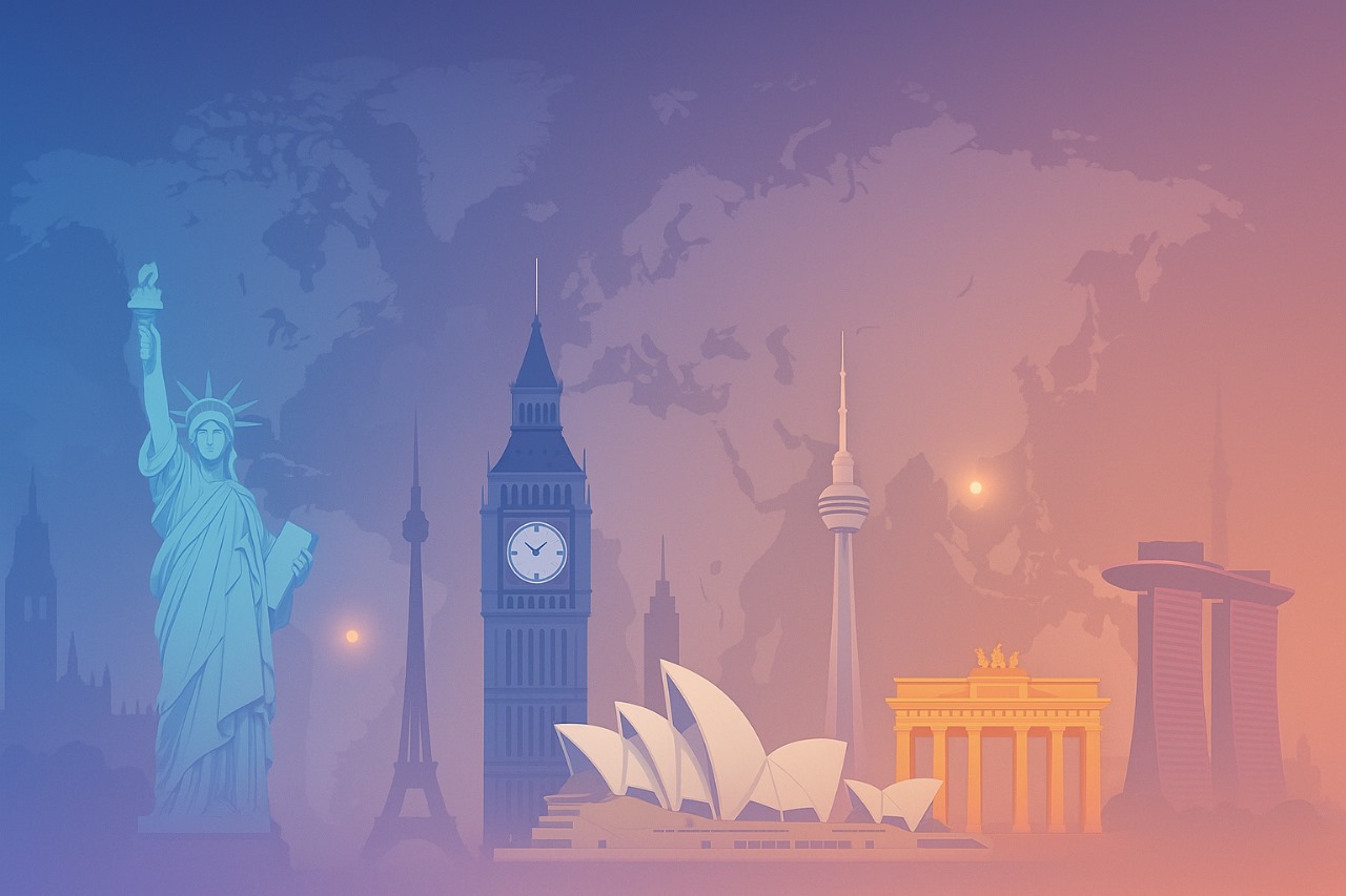 Artistic composition of iconic world landmarks including Statue of Liberty, Big Ben, Eiffel Tower, CN Tower, Sydney Opera House, and Brandenburg Gate with world map silhouette on gradient blue to orange background representing global study destinations