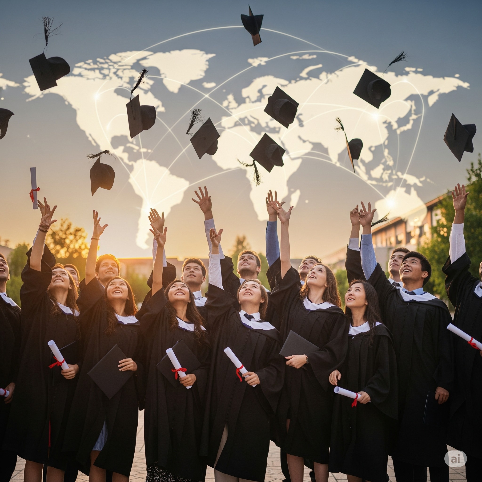 Diverse international students in graduation caps celebrating their global education success with world map background