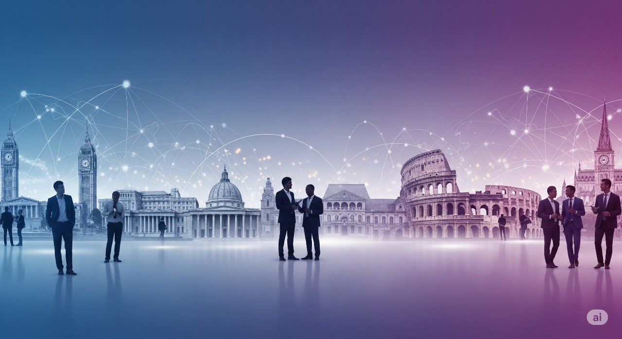 Professional business networking scene with silhouettes of business people against iconic European landmarks including Big Ben, Colosseum, and St. Paul's Cathedral with digital network connections overlay