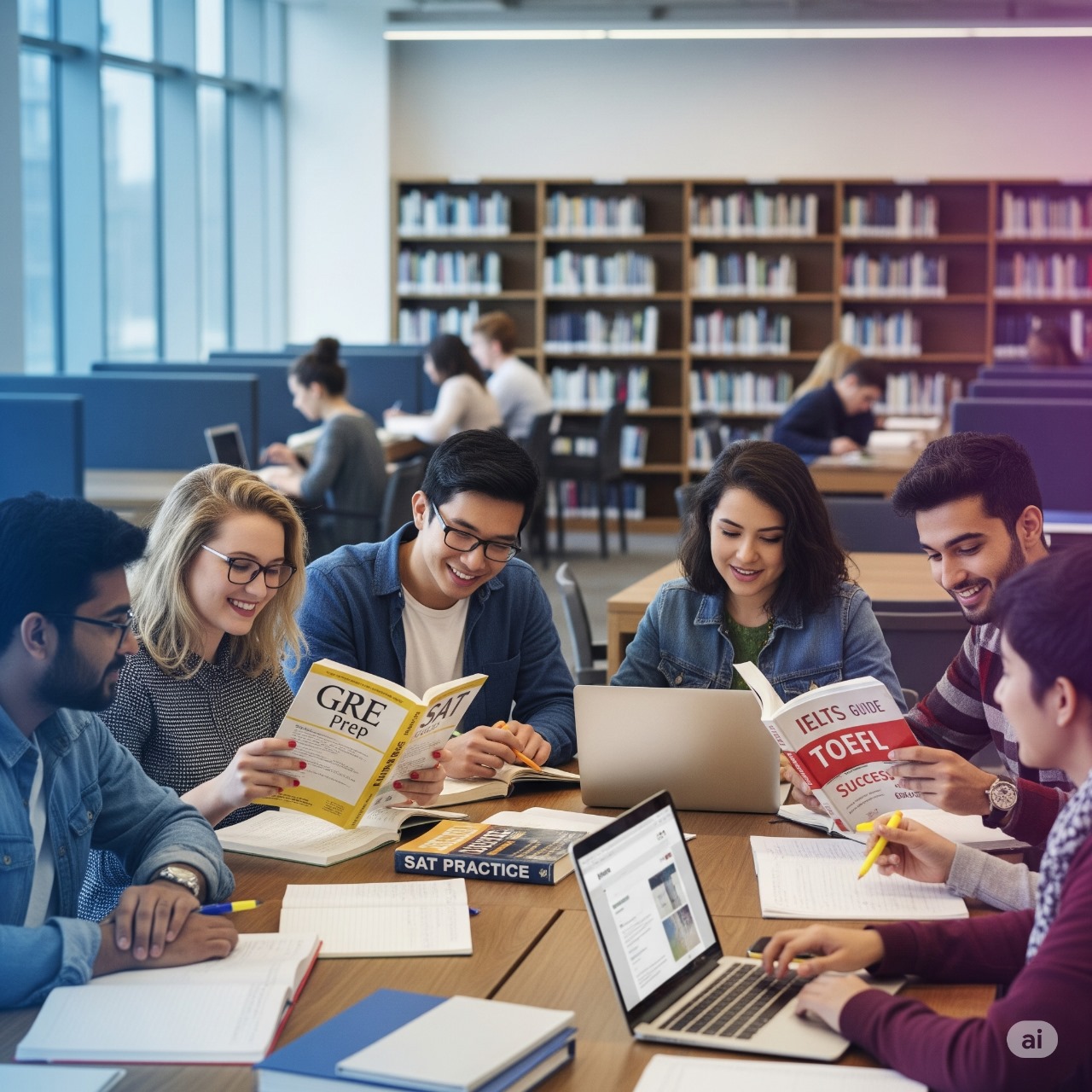 Diverse group of global students collaboratively studying for GRE, IELTS, TOEFL, and SAT tests in a modern library with test preparation books and laptops