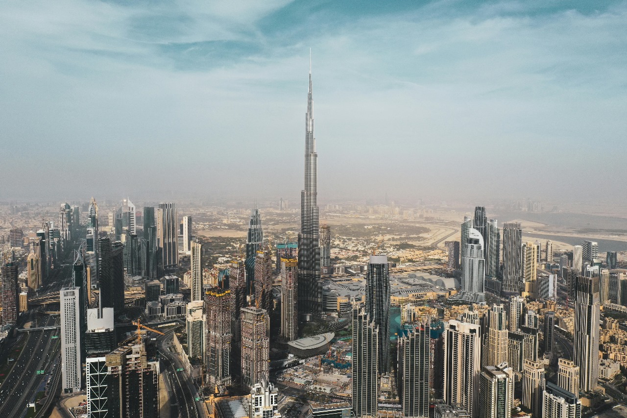 Dubai's impressive skyline dominated by Burj Khalifa surrounded by modern skyscrapers, representing UAE's futuristic vision and emerging education hub status